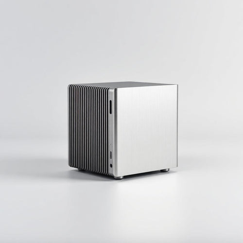 Cube Mini Desktop PC compact fanless aluminum chassis on a desk