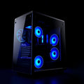 Titan RGB liquid-cooled gaming desktop PC with tempered glass and blue ARGB fans