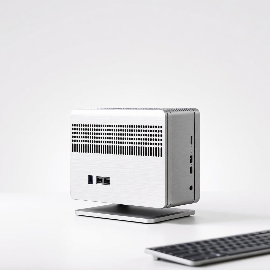 Voltage Cube mini PC desktop with brushed aluminum case and VESA mount